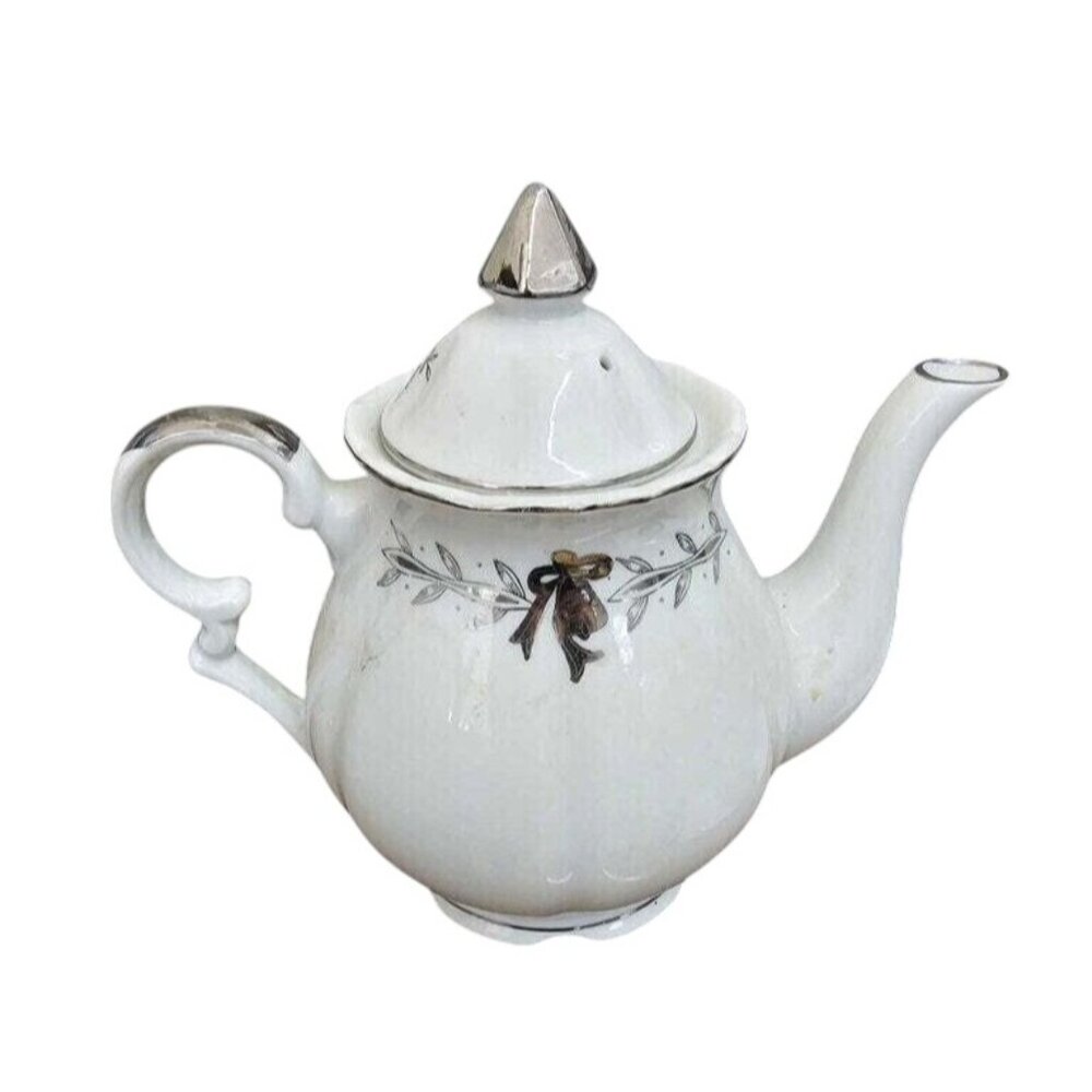 Vintage 25th Anniversary White Porcelain Teapot With Silver Accents & Floral Des - Picture 4 of 6